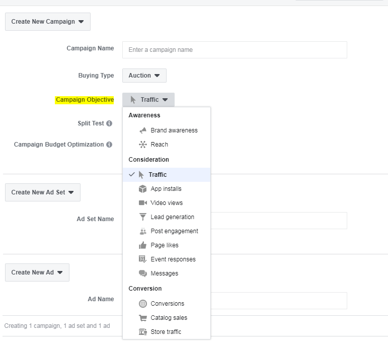 Facebook advertising objectives selection
