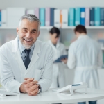 Doctor sitting at his computer with medical staff behind him.